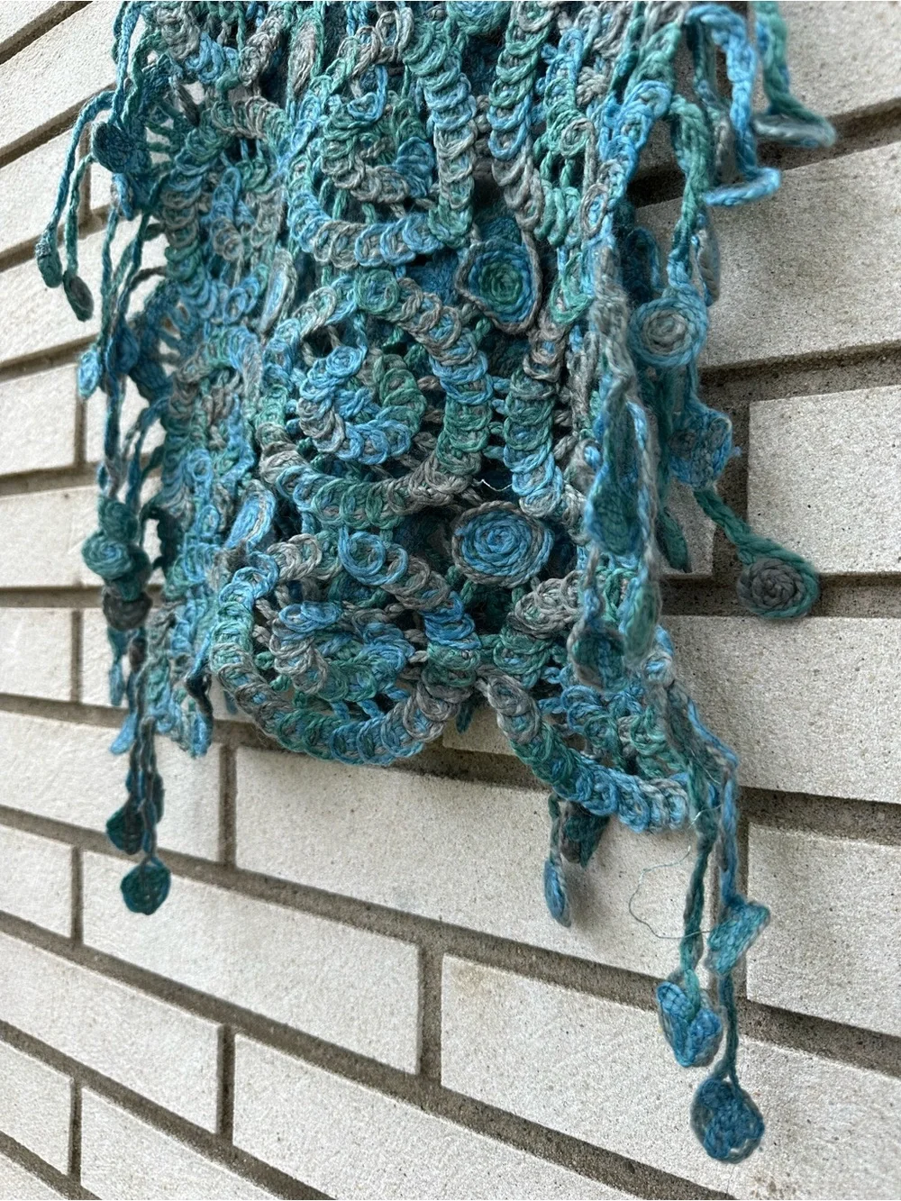 Hand Crochet Textured Spiral Fringe Scarf Wrap Ocean Blue Boho Art Whimsigoth